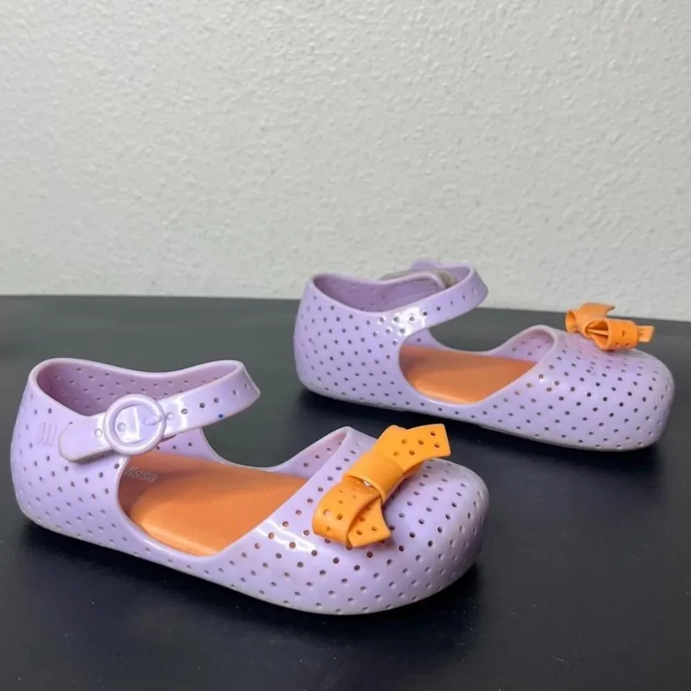 Mini Melissa Purple Orange Bow Tie Perforated Jelly Mary Jane Sandals
